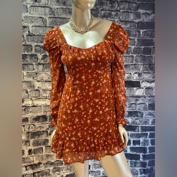 Rust Floral Print Long Sleeve Babydoll Dress - Picture 1 of 8